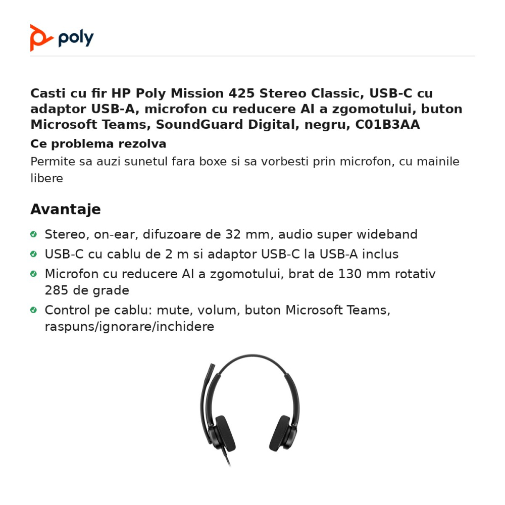 Casti cu fir HP Poly Mission 425 Stereo Classic, USB-C cu adaptor USB-A, microfon cu reducere AI a zgomotului, buton Microsoft Teams, SoundGuard Digital, negru, C01B3AA [2]