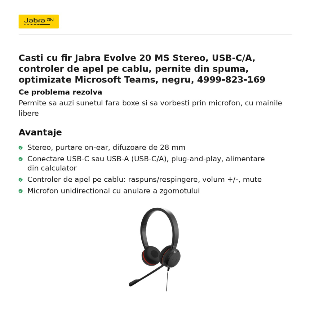 Casti cu fir Jabra Evolve 20 MS Stereo, USB-C/A, controler de apel pe cablu, pernite din spuma, optimizate Microsoft Teams, negru, 4999-823-169 [2]