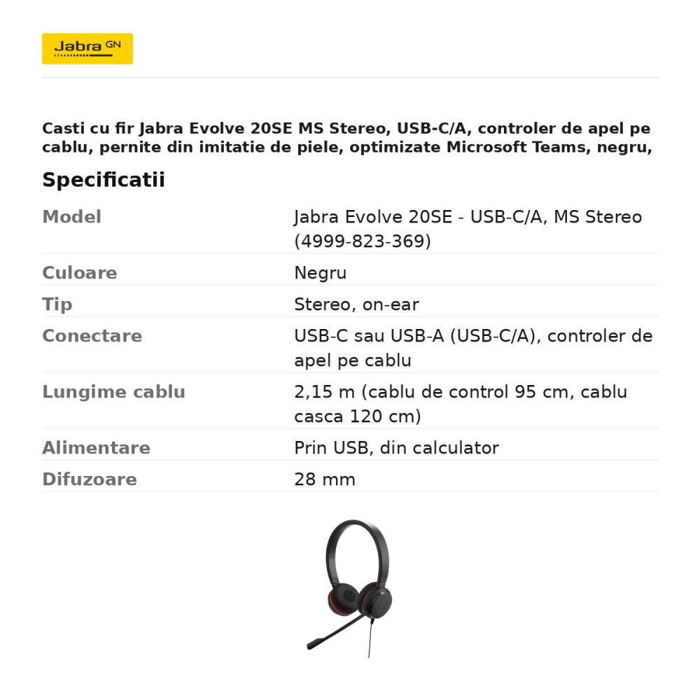 Casti cu fir Jabra Evolve 20SE MS Stereo, USB-C/A, controler de apel pe cablu, pernite din imitatie de piele, optimizate Microsoft Teams, negru, 4999-823-369 [3]