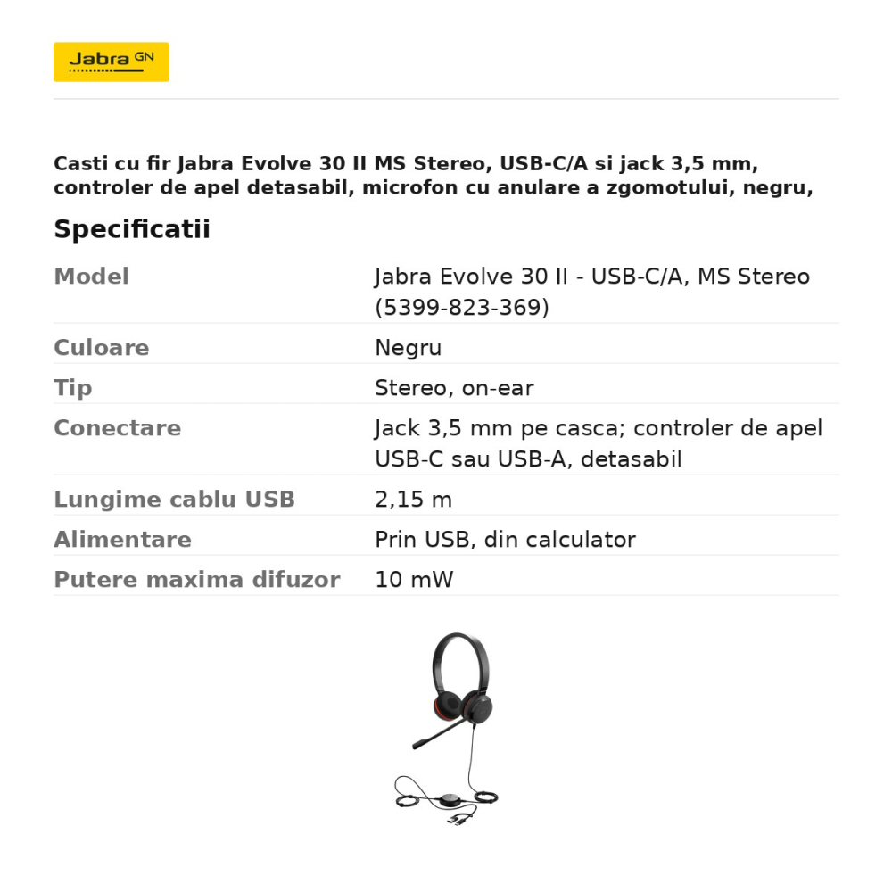 Casti cu fir Jabra Evolve 30 II MS Stereo, USB-C/A si jack 3,5 mm, controler de apel detasabil, microfon cu anulare a zgomotului, negru, 5399-823-369 [3]