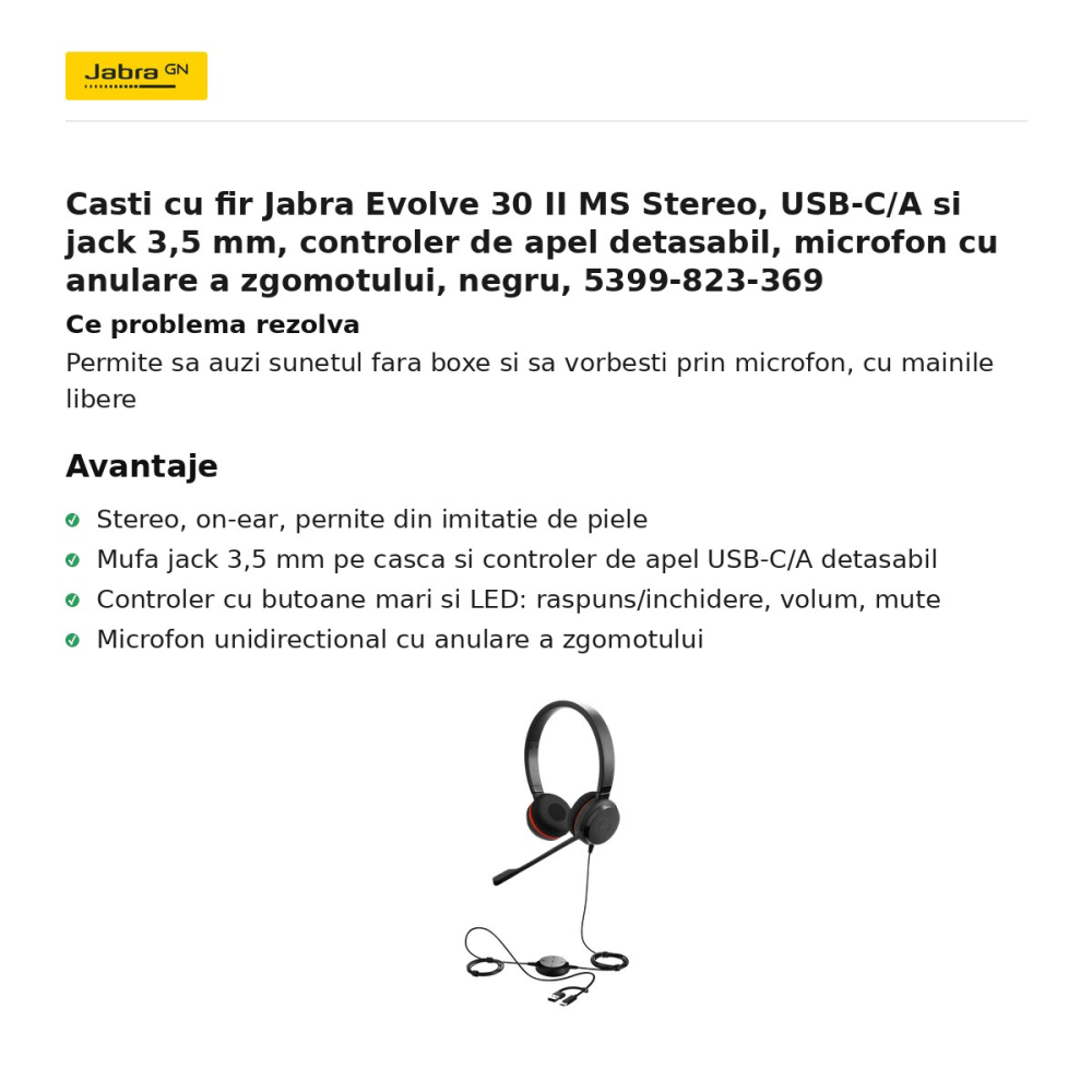 Casti cu fir Jabra Evolve 30 II MS Stereo, USB-C/A si jack 3,5 mm, controler de apel detasabil, microfon cu anulare a zgomotului, negru, 5399-823-369 [2]
