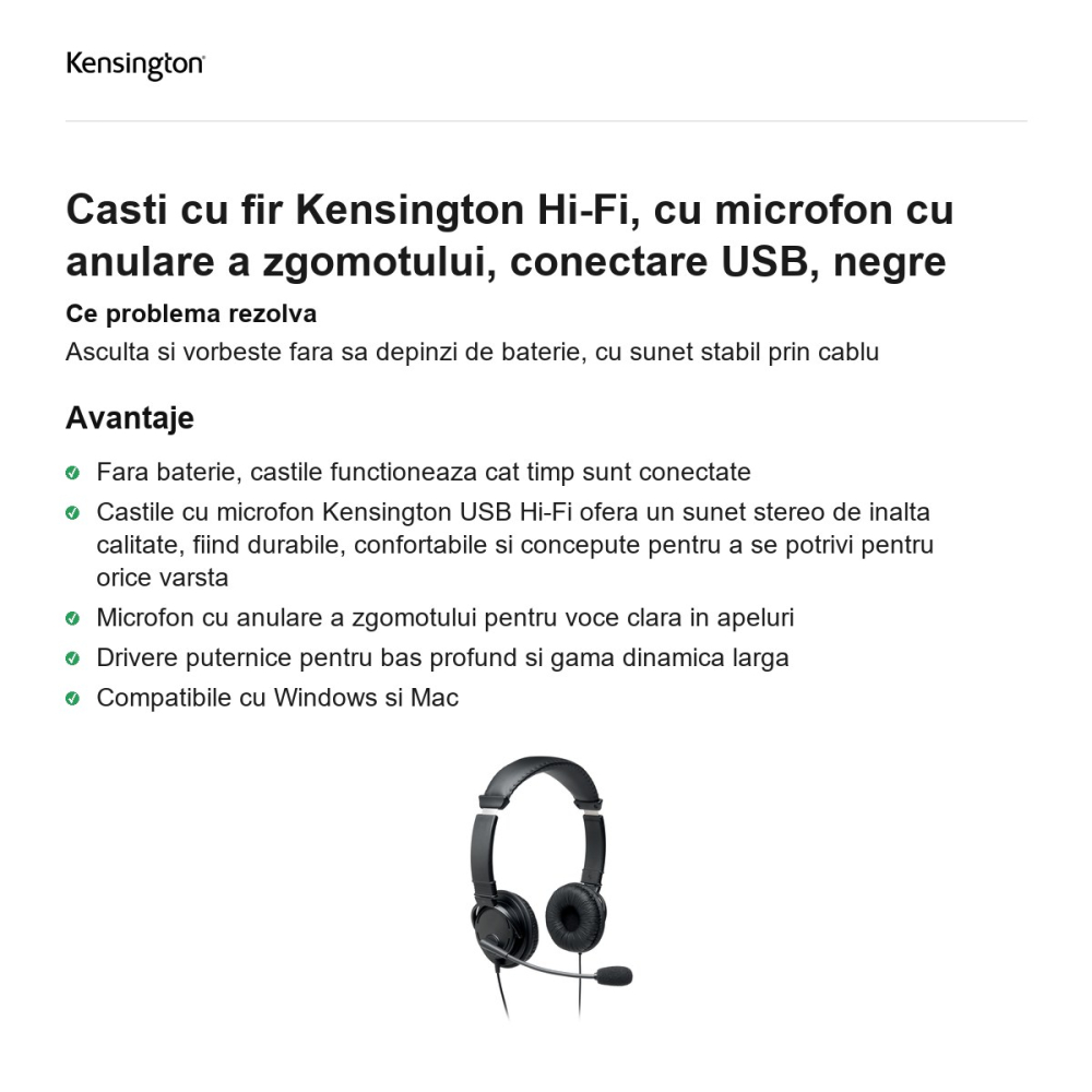 Casti cu fir Kensington Hi-Fi, cu microfon cu anulare a zgomotului, conectare USB, negre [2]