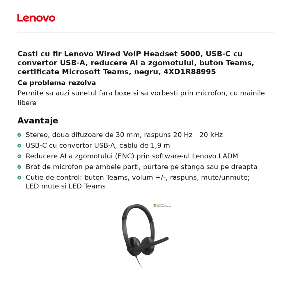 Casti cu fir Lenovo Wired VoIP Headset 5000, USB-C cu convertor USB-A, reducere AI a zgomotului, buton Teams, certificate Microsoft Teams, negru, 4XD1R88995 [2]