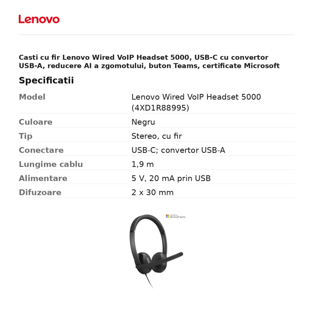 Casti cu fir Lenovo Wired VoIP Headset 5000, USB-C cu convertor USB-A, reducere AI a zgomotului, buton Teams, certificate Microsoft Teams, negru, 4XD1R88995 [3]