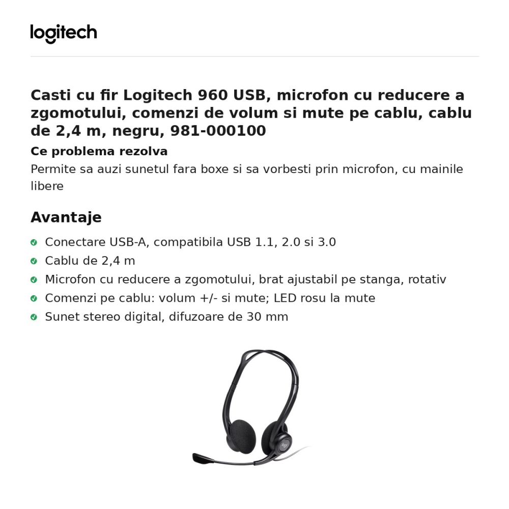 Casti cu fir Logitech 960 USB, microfon cu reducere a zgomotului, comenzi de volum si mute pe cablu, cablu de 2,4 m, negru, 981-000100 [2]