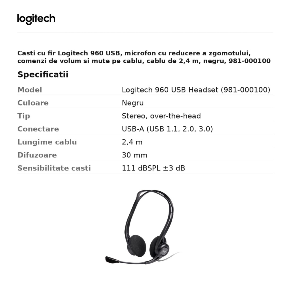 Casti cu fir Logitech 960 USB, microfon cu reducere a zgomotului, comenzi de volum si mute pe cablu, cablu de 2,4 m, negru, 981-000100 [3]