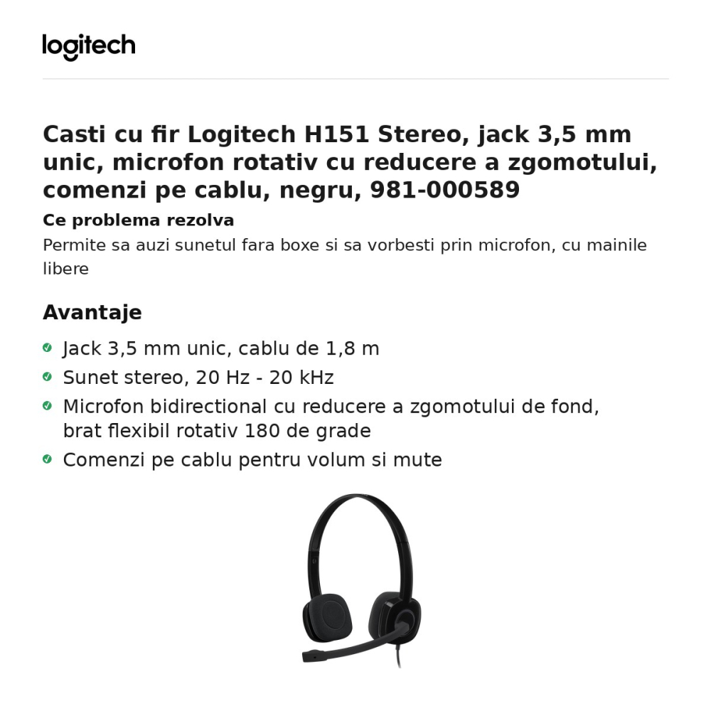 Casti cu fir Logitech H151 Stereo, jack 3,5 mm unic, microfon rotativ cu reducere a zgomotului, comenzi pe cablu, negru, 981-000589 [2]