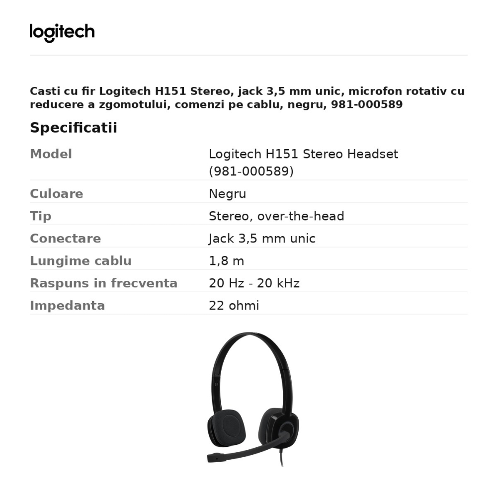 Casti cu fir Logitech H151 Stereo, jack 3,5 mm unic, microfon rotativ cu reducere a zgomotului, comenzi pe cablu, negru, 981-000589 [3]