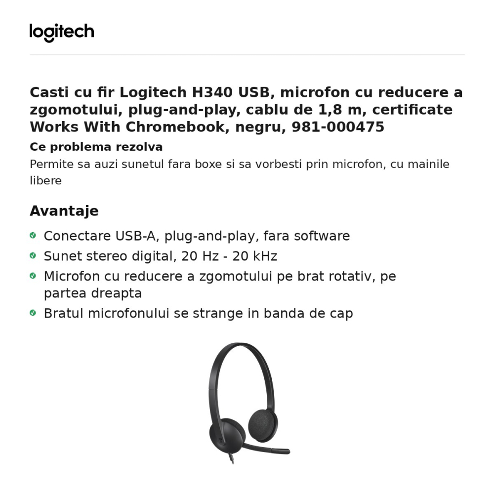 Casti cu fir Logitech H340 USB, microfon cu reducere a zgomotului, plug-and-play, cablu de 1,8 m, certificate Works With Chromebook, negru, 981-000475 [2]