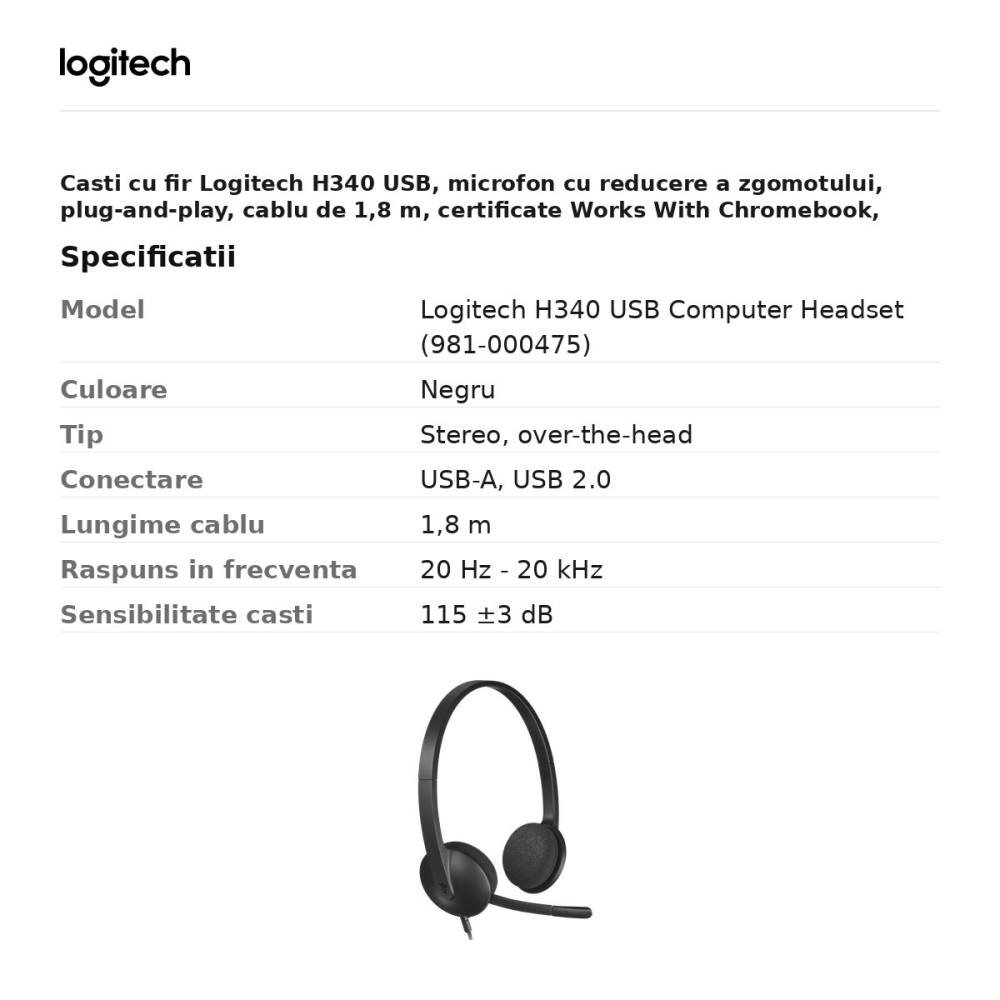 Casti cu fir Logitech H340 USB, microfon cu reducere a zgomotului, plug-and-play, cablu de 1,8 m, certificate Works With Chromebook, negru, 981-000475 [3]