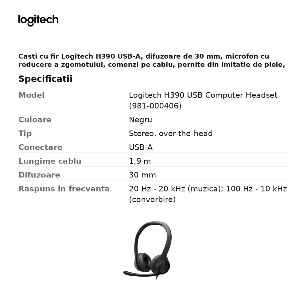 Casti cu fir Logitech H390 USB-A, difuzoare de 30 mm, microfon cu reducere a zgomotului, comenzi pe cablu, pernite din imitatie de piele, negru, 981-000406 [3]