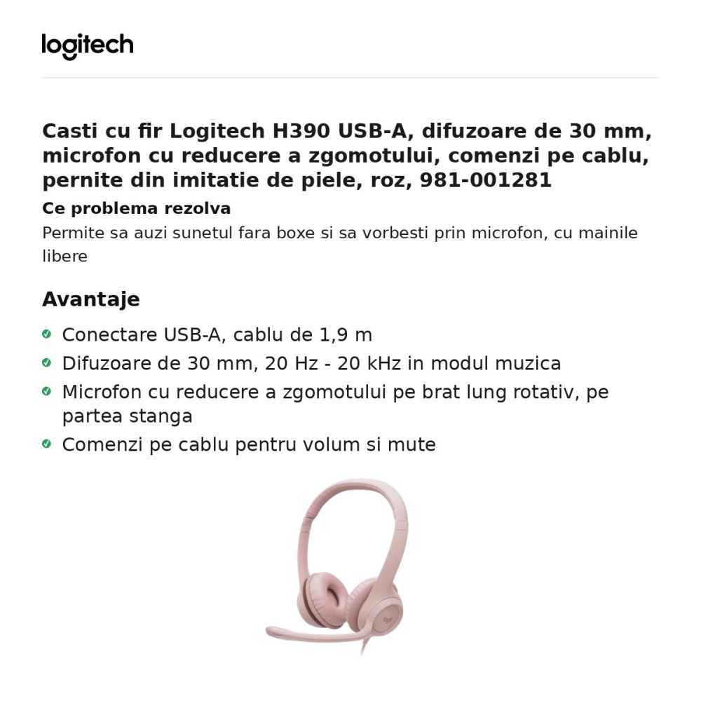 Casti cu fir Logitech H390 USB-A, difuzoare de 30 mm, microfon cu reducere a zgomotului, comenzi pe cablu, pernite din imitatie de piele, roz, 981-001281 [2]