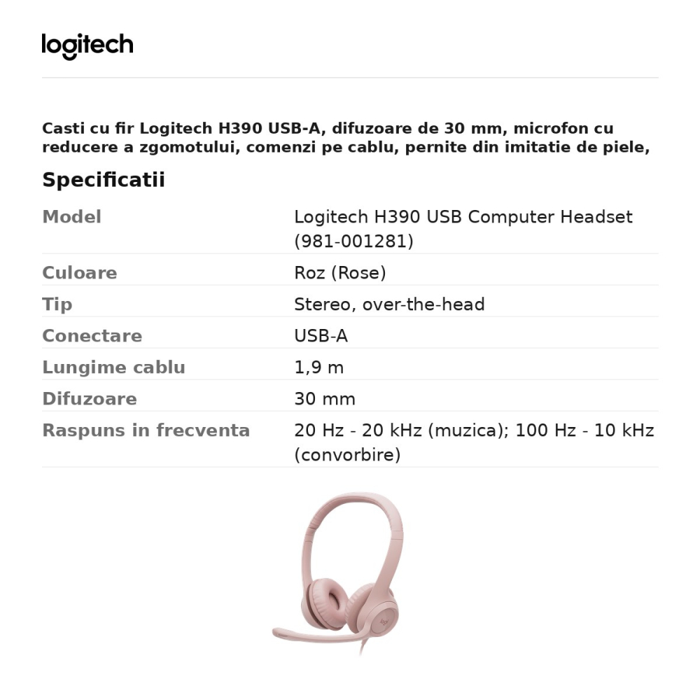 Casti cu fir Logitech H390 USB-A, difuzoare de 30 mm, microfon cu reducere a zgomotului, comenzi pe cablu, pernite din imitatie de piele, roz, 981-001281 [3]