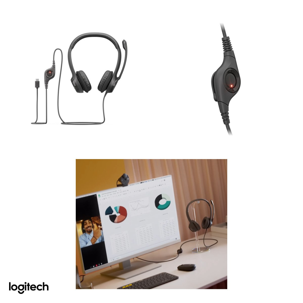 Casti cu fir Logitech H390 USB-C, difuzoare de 30 mm, microfon cu reducere a zgomotului, comenzi pe cablu, pernite din imitatie de piele, negru, 981-001576 [5]