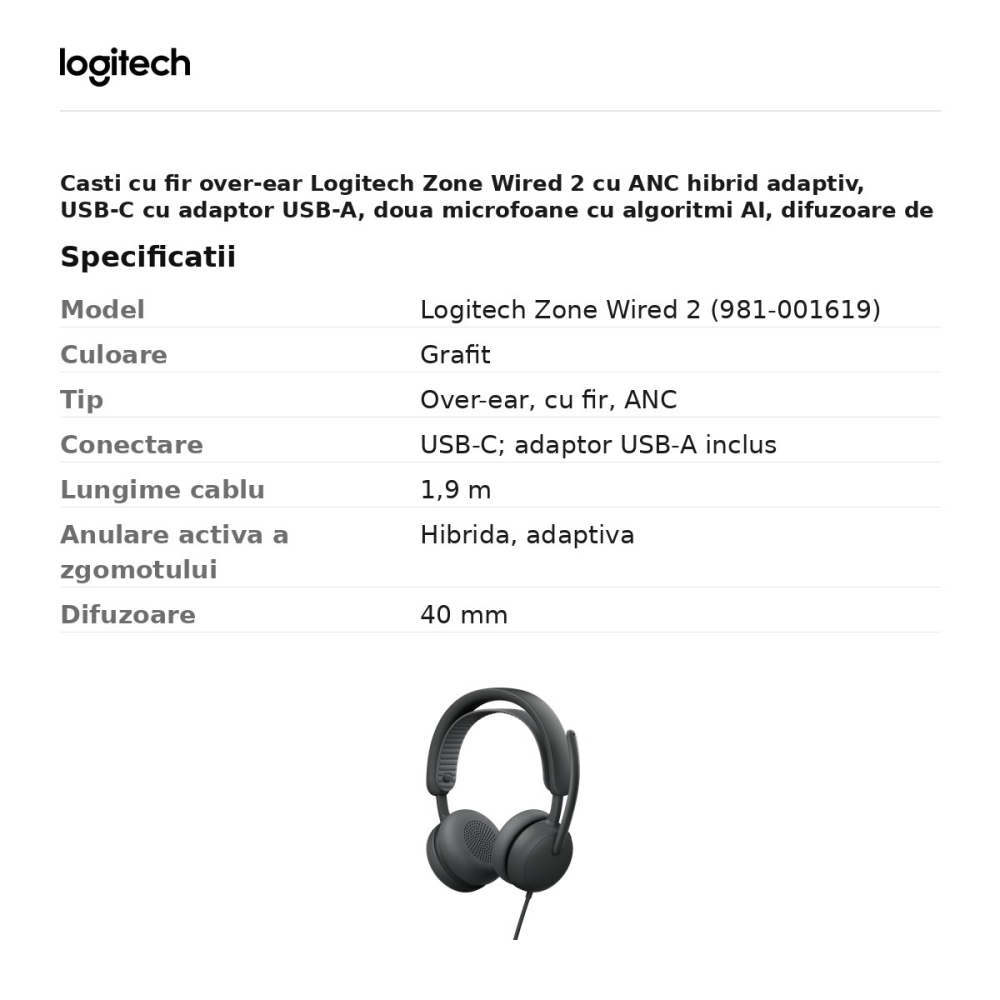 Casti cu fir over-ear Logitech Zone Wired 2 cu ANC hibrid adaptiv, USB-C cu adaptor USB-A, doua microfoane cu algoritmi AI, difuzoare de 40 mm, grafit, 981-001619 [3]