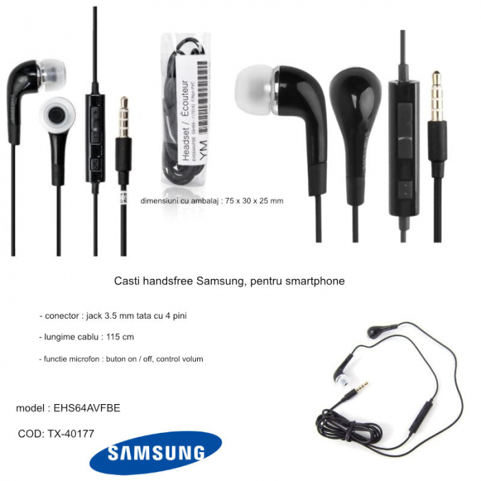 Casti cu microfon, compatibile cu Samsung, EHS64AVFBE i9300 Galaxy S3, control pe fir, cablu 115 cm, conector jack 3.5mm, negre [5]