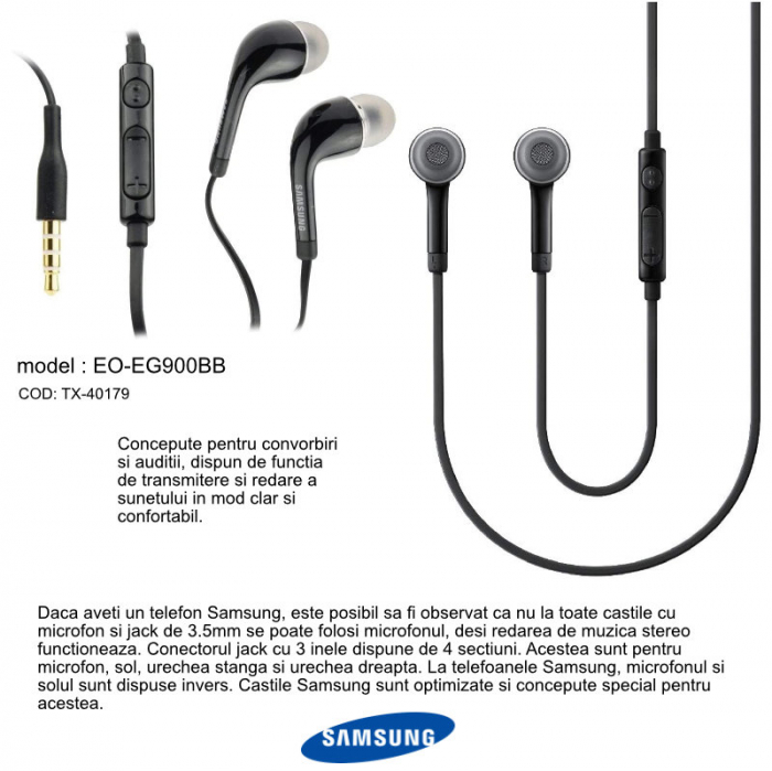 Casti cu microfon, compatibile cu Samsung, EO-EG900BB G900F GALAXY S5, control pe fir, cablu 110 cm, conector jack 3.5mm, negre [7]