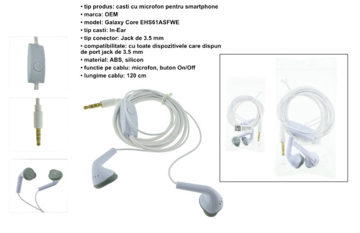 Casti cu microfon In-Ear, Core EHS61ASFWE, control pe fir, cablu 120 cm, conector jack 3.5mm, albe [6]
