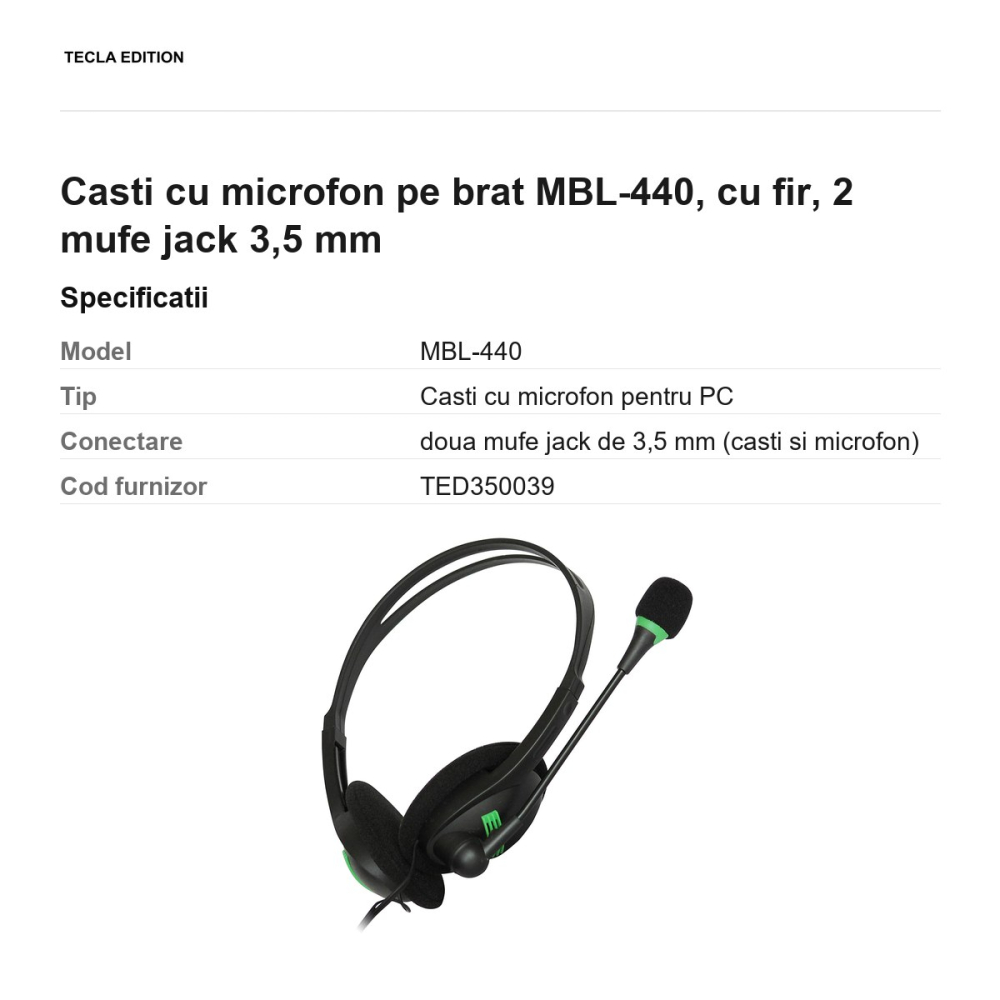 Casti cu microfon pe brat MBL-440, cu fir, 2 mufe jack 3,5 mm [3]