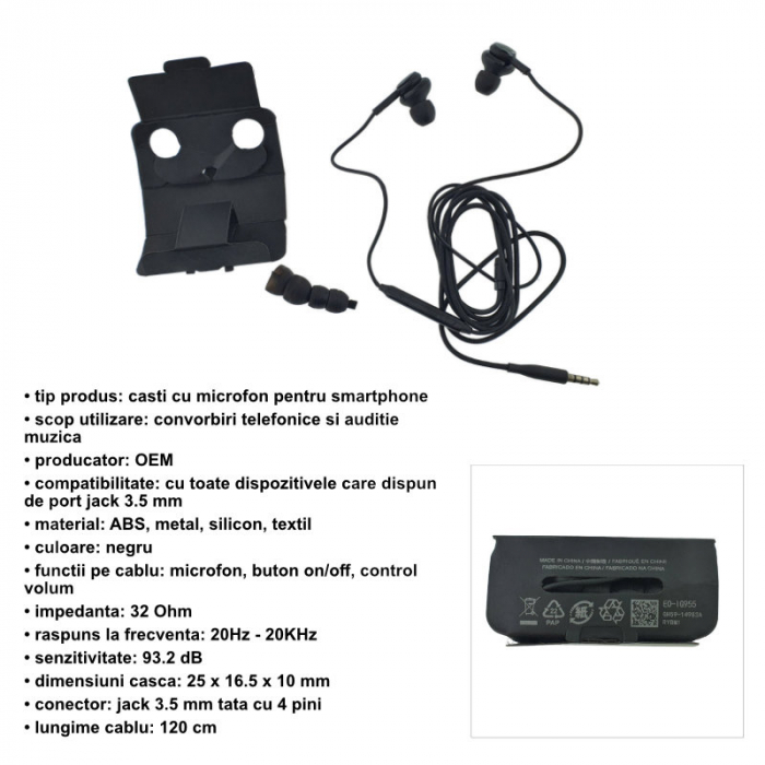 Casti cu microfon, S10, EO-IG955, control pe fir, cablu 120 cm, conector jack 3.5mm, negre [5]