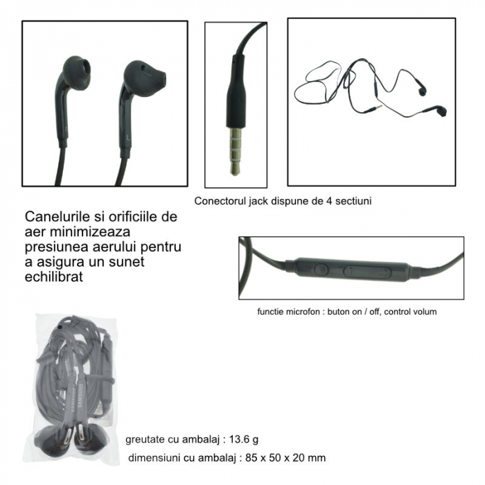 Casti cu microfon, pentru Samsung SAMSUNG EO-EG920BB G920 / 925 GALAXY S6, control pe fir, cablu 115 cm, conector jack 3.5mm, negre [6]
