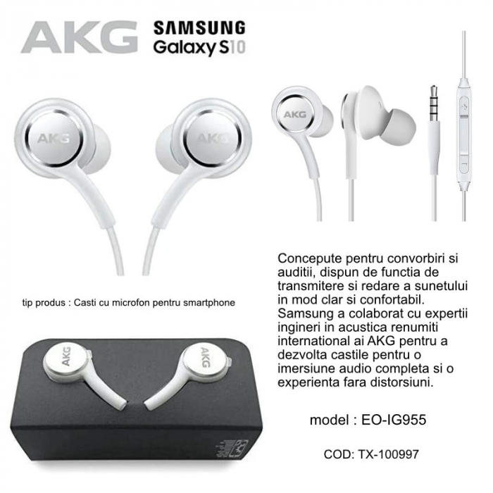 Casti cu microfon, Samsung AKG EO-IG955 GALAXY S10, control pe fir, cablu 115 cm, conector jack 3.5mm, albe [6]