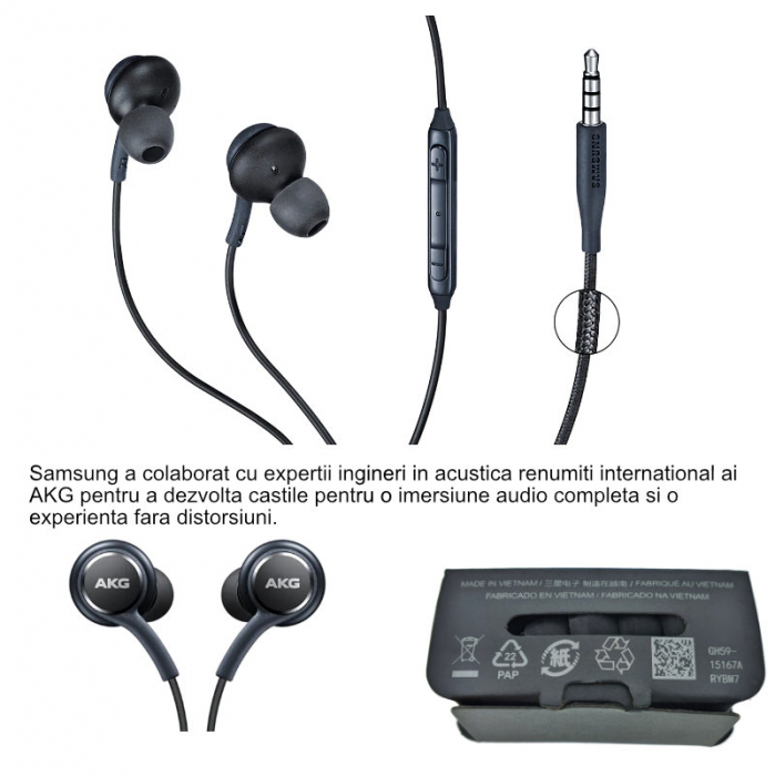 Casti cu microfon, Samsung AKG EO-IG955 GALAXY S10, control pe fir, cablu 115 cm, conector jack 3.5mm, negre [6]