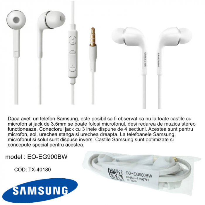 Casti cu microfon, Samsung EO-EG900BW G900F GALAXY S5, control pe fir, cablu 110 cm, conector jack 3.5mm, albe [6]