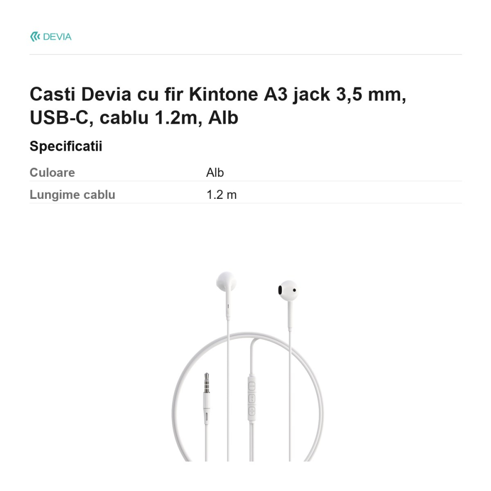 Casti Devia cu fir Kintone A3 jack 3,5 mm, USB-C, cablu 1.2m, Alb [3]