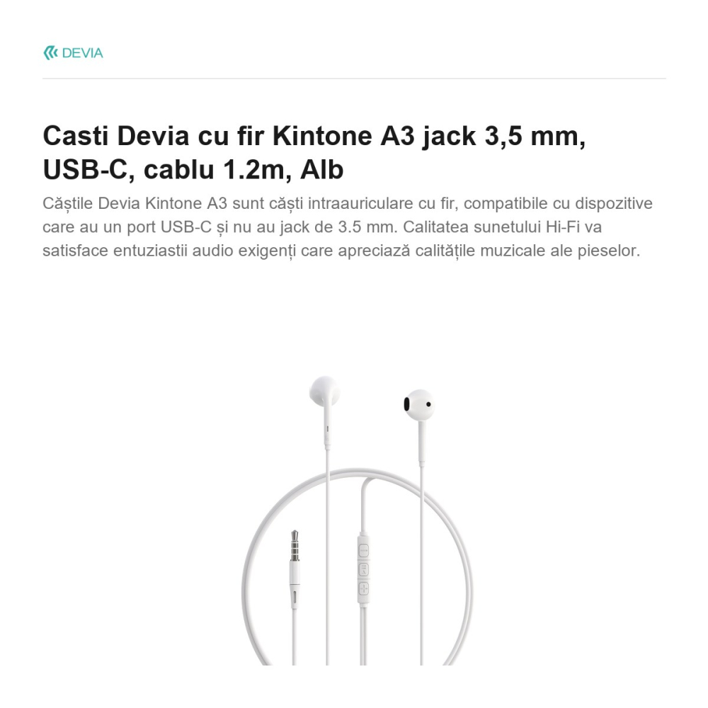 Casti Devia cu fir Kintone A3 jack 3,5 mm, USB-C, cablu 1.2m, Alb [2]