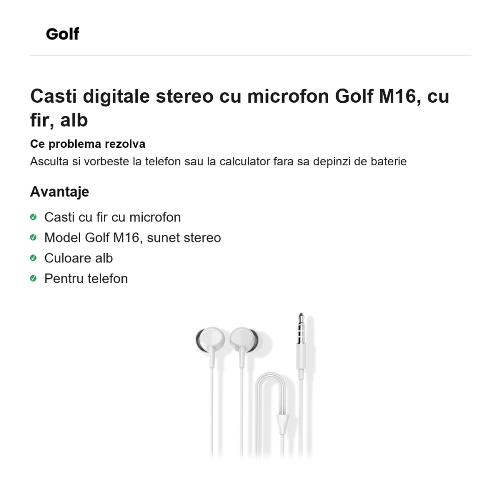 Casti digitale stereo cu microfon Golf M16, cu fir, alb [2]