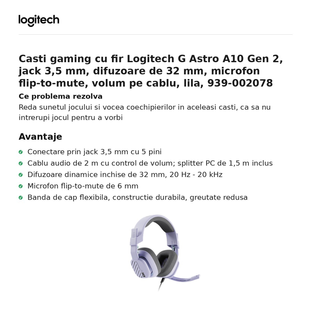 Casti gaming cu fir Logitech G Astro A10 Gen 2, jack 3,5 mm, difuzoare de 32 mm, microfon flip-to-mute, volum pe cablu, lila, 939-002078 [2]