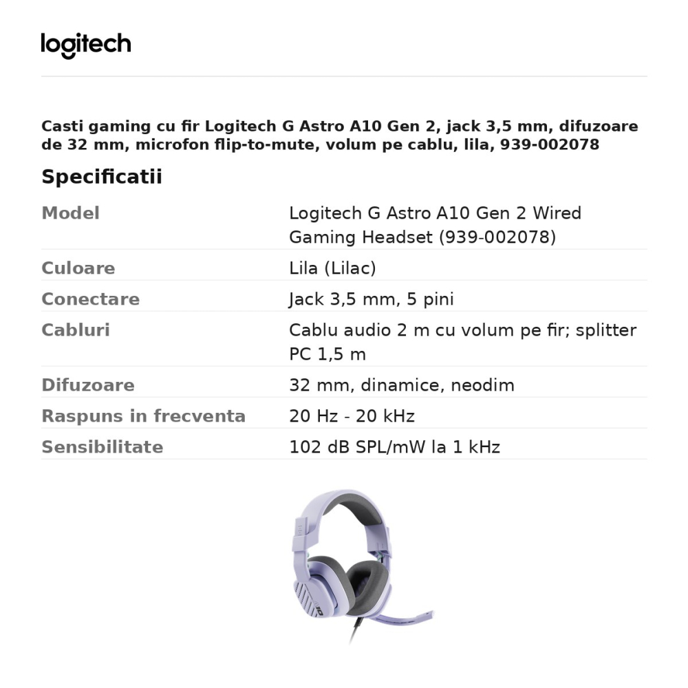 Casti gaming cu fir Logitech G Astro A10 Gen 2, jack 3,5 mm, difuzoare de 32 mm, microfon flip-to-mute, volum pe cablu, lila, 939-002078 [3]