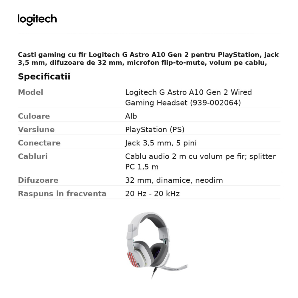 Casti gaming cu fir Logitech G Astro A10 Gen 2 pentru PlayStation, jack 3,5 mm, difuzoare de 32 mm, microfon flip-to-mute, volum pe cablu, alb, 939-002064 [3]