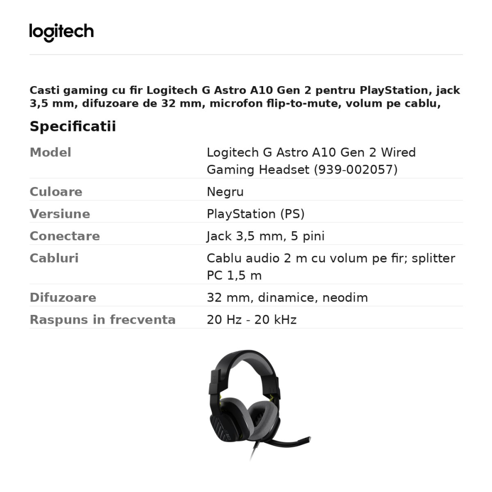 Casti gaming cu fir Logitech G Astro A10 Gen 2 pentru PlayStation, jack 3,5 mm, difuzoare de 32 mm, microfon flip-to-mute, volum pe cablu, negru, 939-002057 [3]