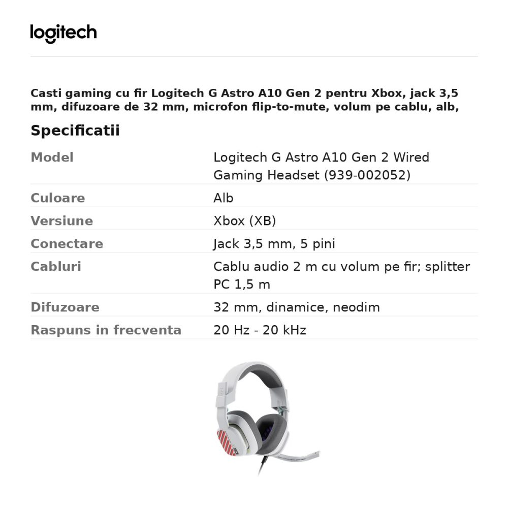 Casti gaming cu fir Logitech G Astro A10 Gen 2 pentru Xbox, jack 3,5 mm, difuzoare de 32 mm, microfon flip-to-mute, volum pe cablu, alb, 939-002052 [3]