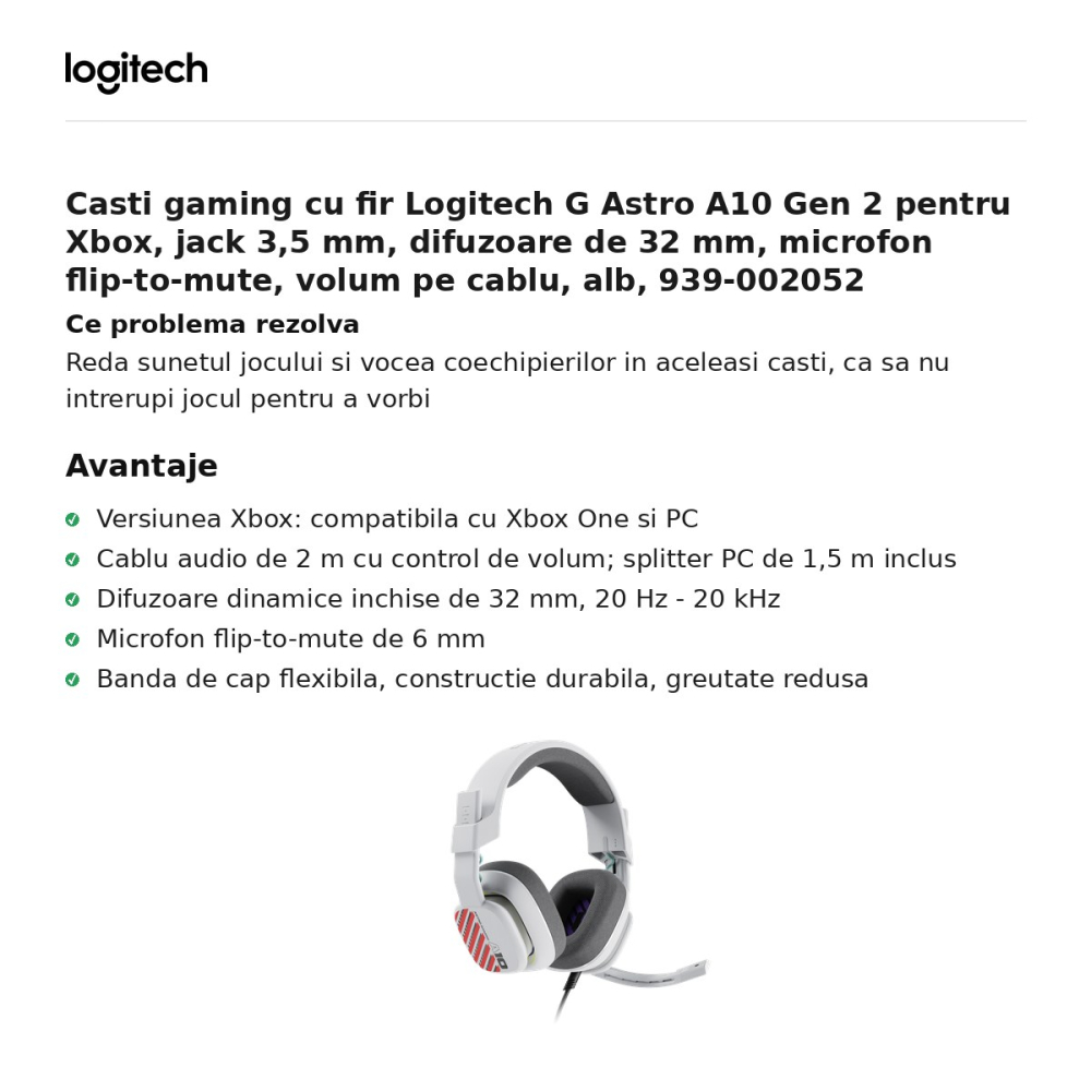 Casti gaming cu fir Logitech G Astro A10 Gen 2 pentru Xbox, jack 3,5 mm, difuzoare de 32 mm, microfon flip-to-mute, volum pe cablu, alb, 939-002052 [2]