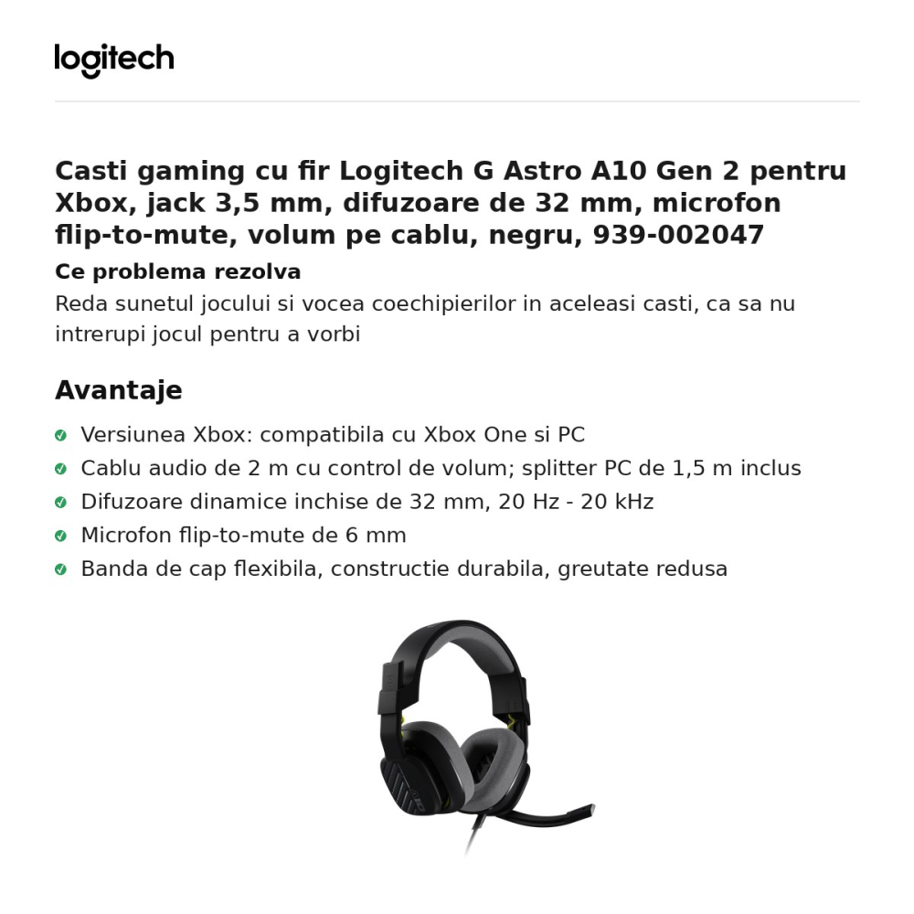 Casti gaming cu fir Logitech G Astro A10 Gen 2 pentru Xbox, jack 3,5 mm, difuzoare de 32 mm, microfon flip-to-mute, volum pe cablu, negru, 939-002047 [2]