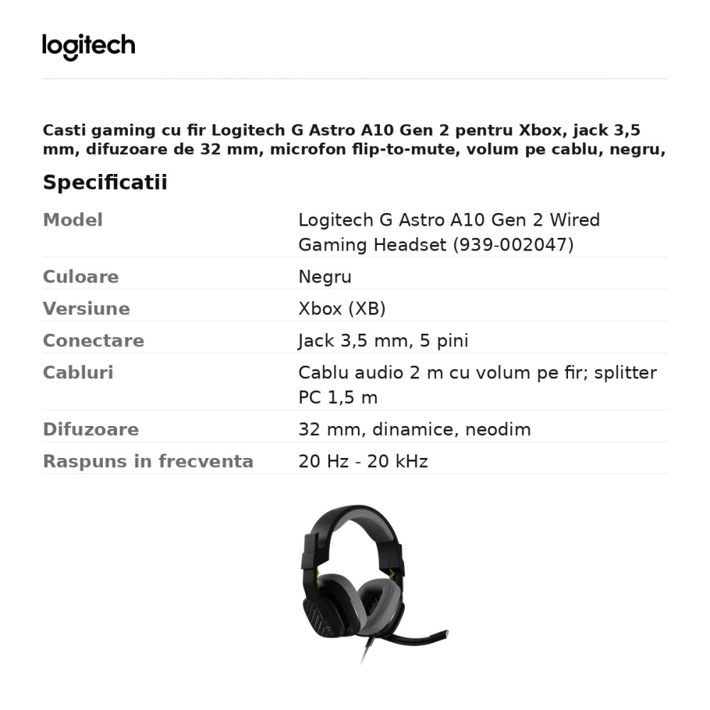 Casti gaming cu fir Logitech G Astro A10 Gen 2 pentru Xbox, jack 3,5 mm, difuzoare de 32 mm, microfon flip-to-mute, volum pe cablu, negru, 939-002047 [3]