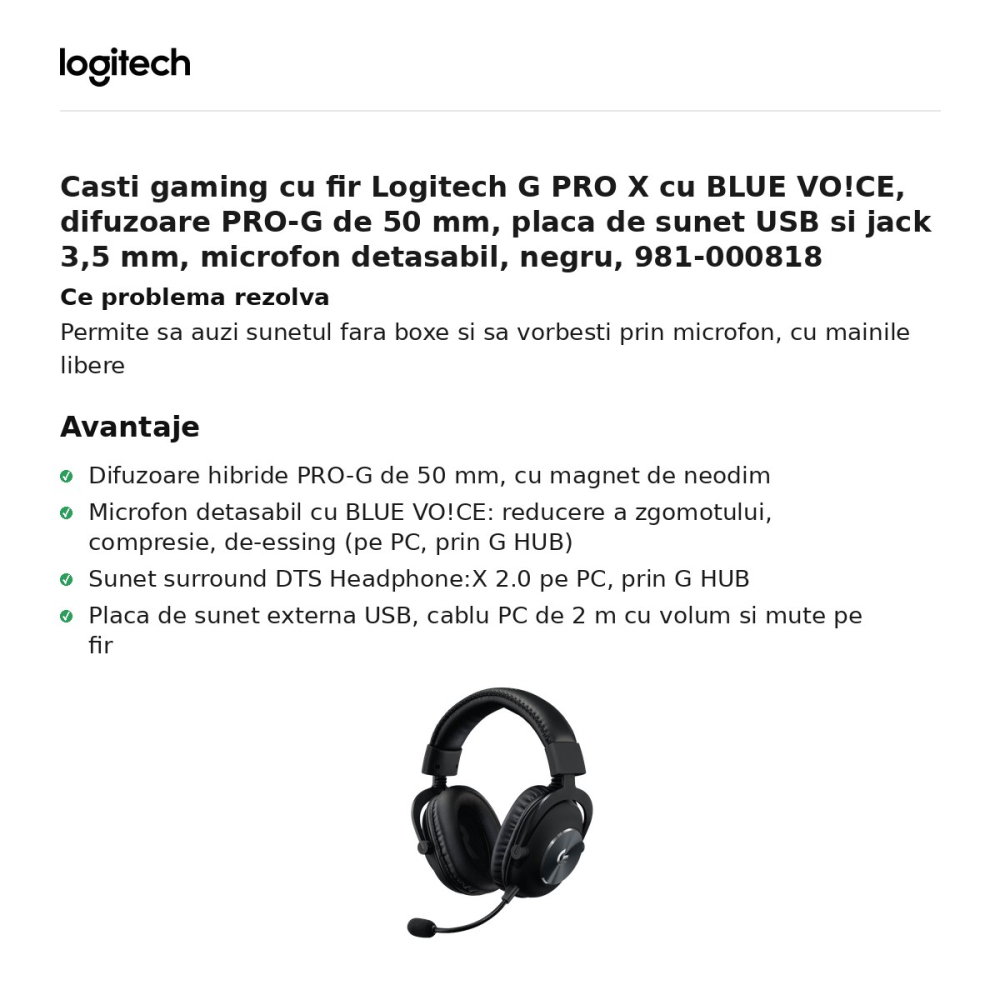 Casti gaming cu fir Logitech G PRO X cu BLUE VO!CE, difuzoare PRO-G de 50 mm, placa de sunet USB si jack 3,5 mm, microfon detasabil, negru, 981-000818 [2]