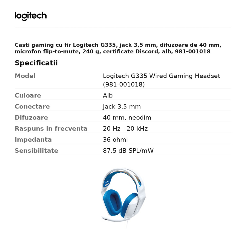 Casti gaming cu fir Logitech G335, jack 3,5 mm, difuzoare de 40 mm, microfon flip-to-mute, 240 g, certificate Discord, alb, 981-001018 [3]