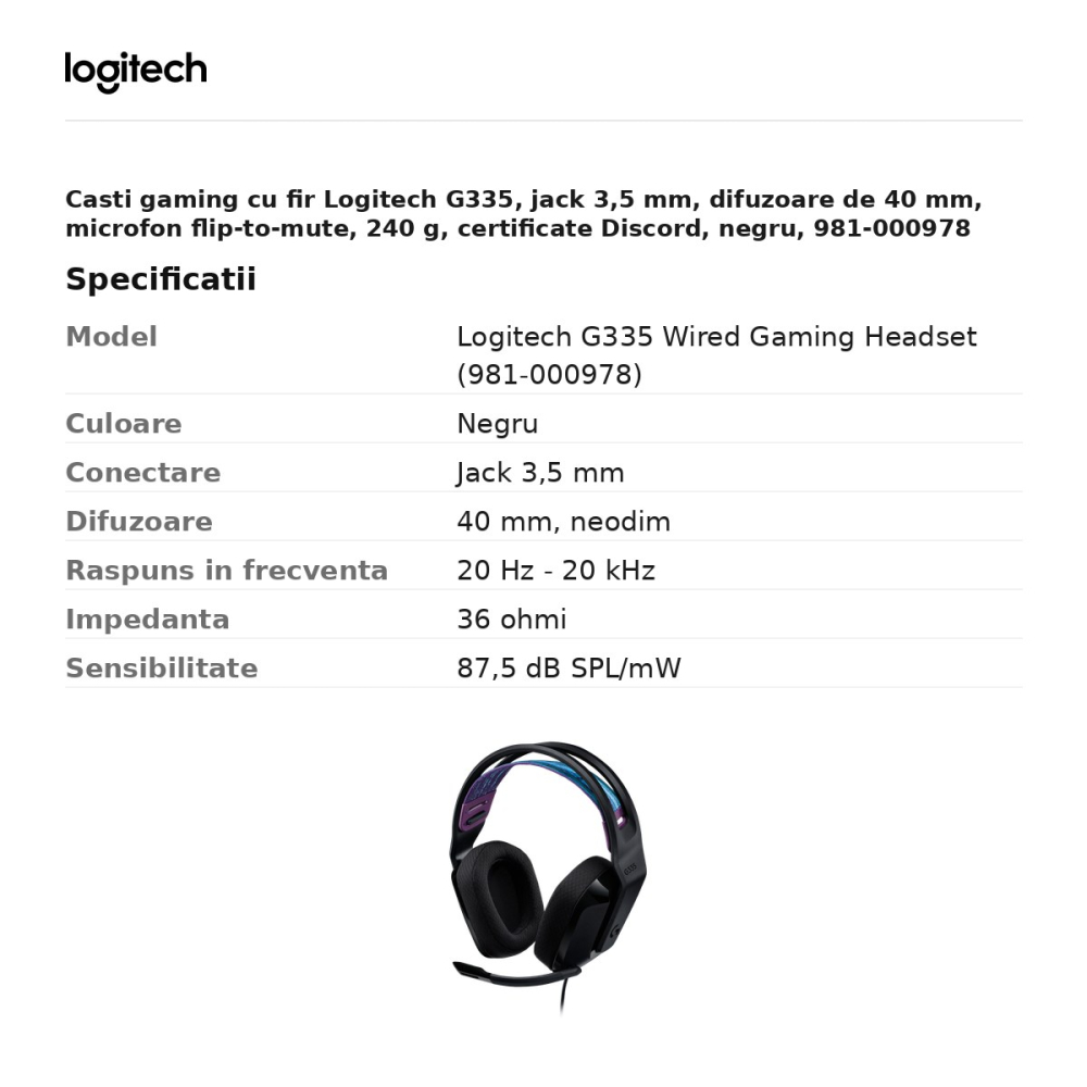 Casti gaming cu fir Logitech G335, jack 3,5 mm, difuzoare de 40 mm, microfon flip-to-mute, 240 g, certificate Discord, negru, 981-000978 [3]