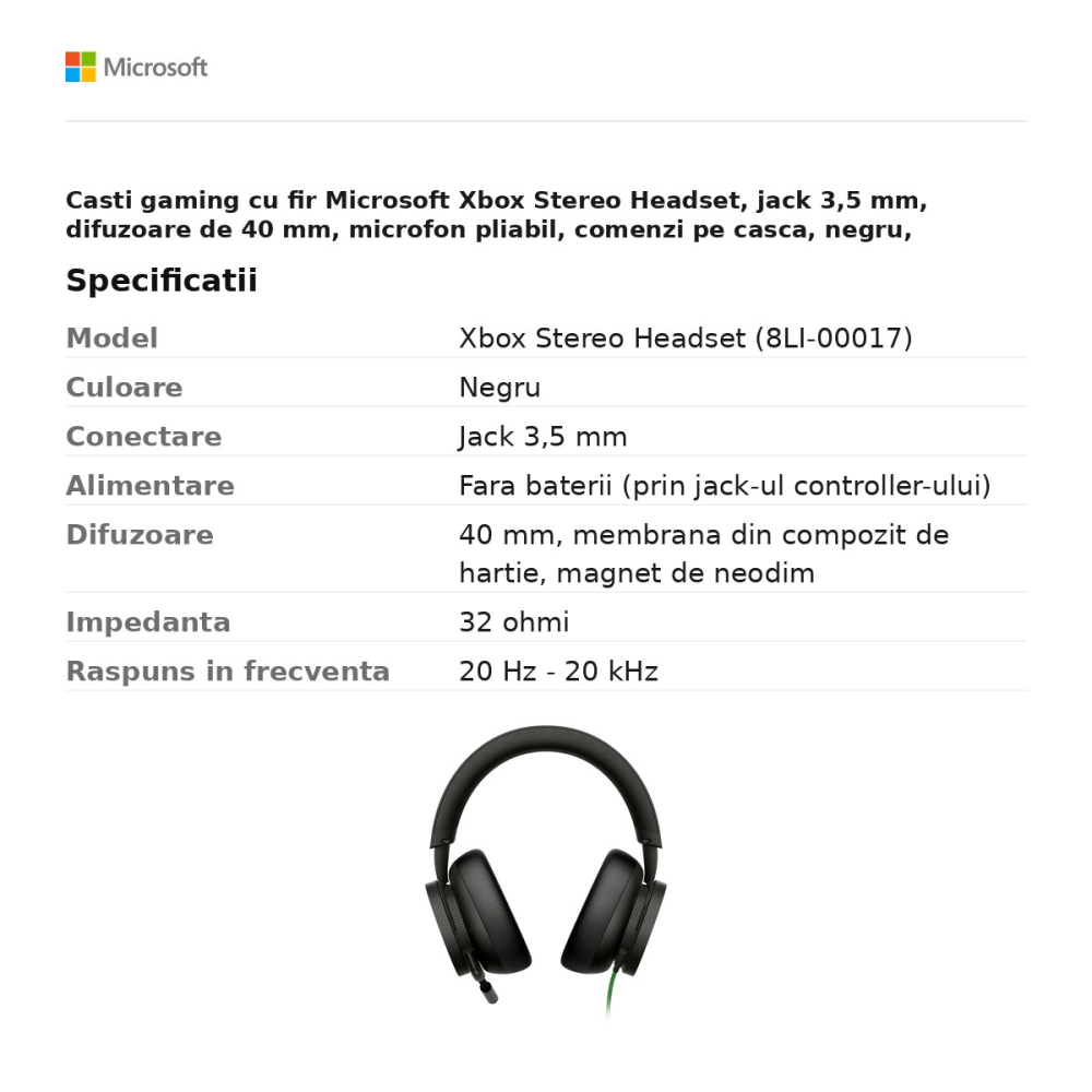 Casti gaming cu fir Microsoft Xbox Stereo Headset, jack 3,5 mm, difuzoare de 40 mm, microfon pliabil, comenzi pe casca, negru, 8LI-00017 [3]