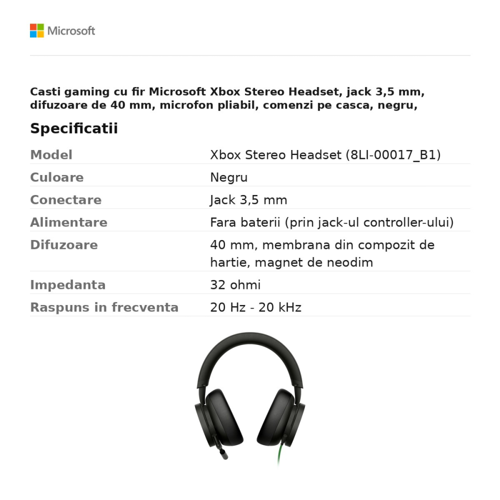 Casti gaming cu fir Microsoft Xbox Stereo Headset, jack 3,5 mm, difuzoare de 40 mm, microfon pliabil, comenzi pe casca, negru, 8LI-00017_B1 [3]