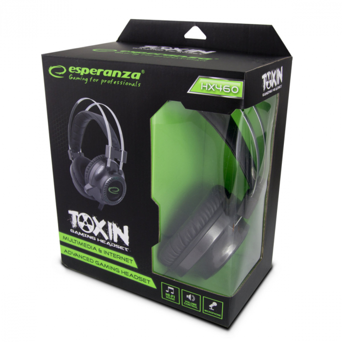 Casti gaming cu LED, Esperanza Toxin, cu microfon, control volum, negru cu verde [2]