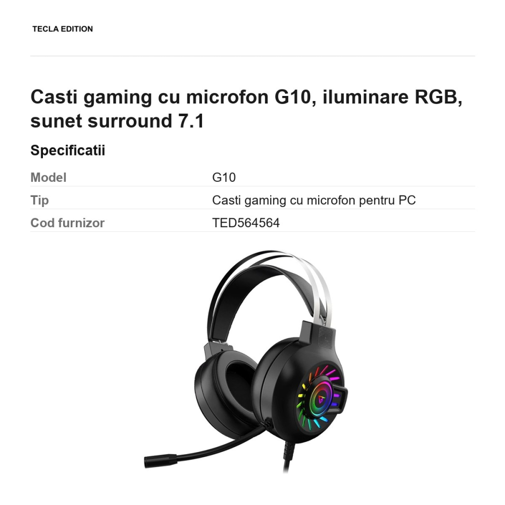 Casti gaming cu microfon G10, iluminare RGB, sunet surround 7.1 [3]