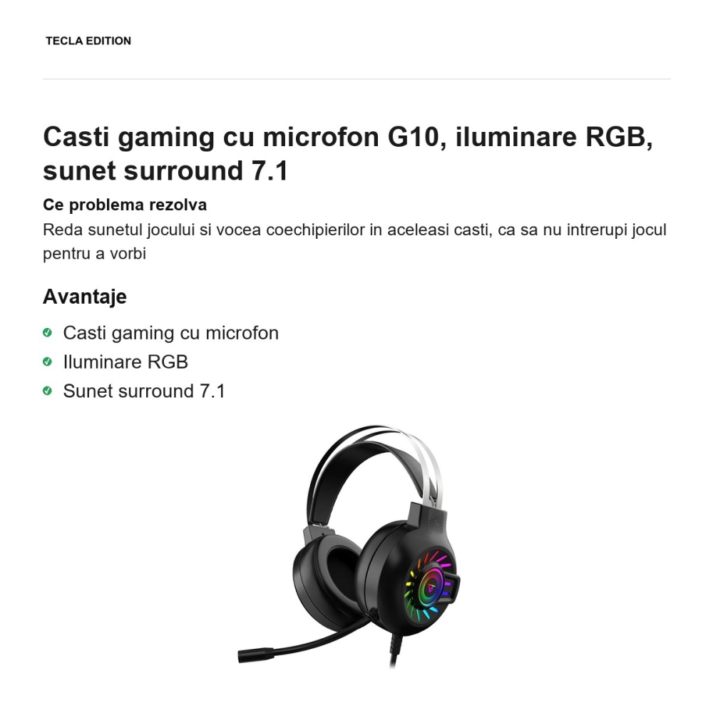 Casti gaming cu microfon G10, iluminare RGB, sunet surround 7.1 [2]