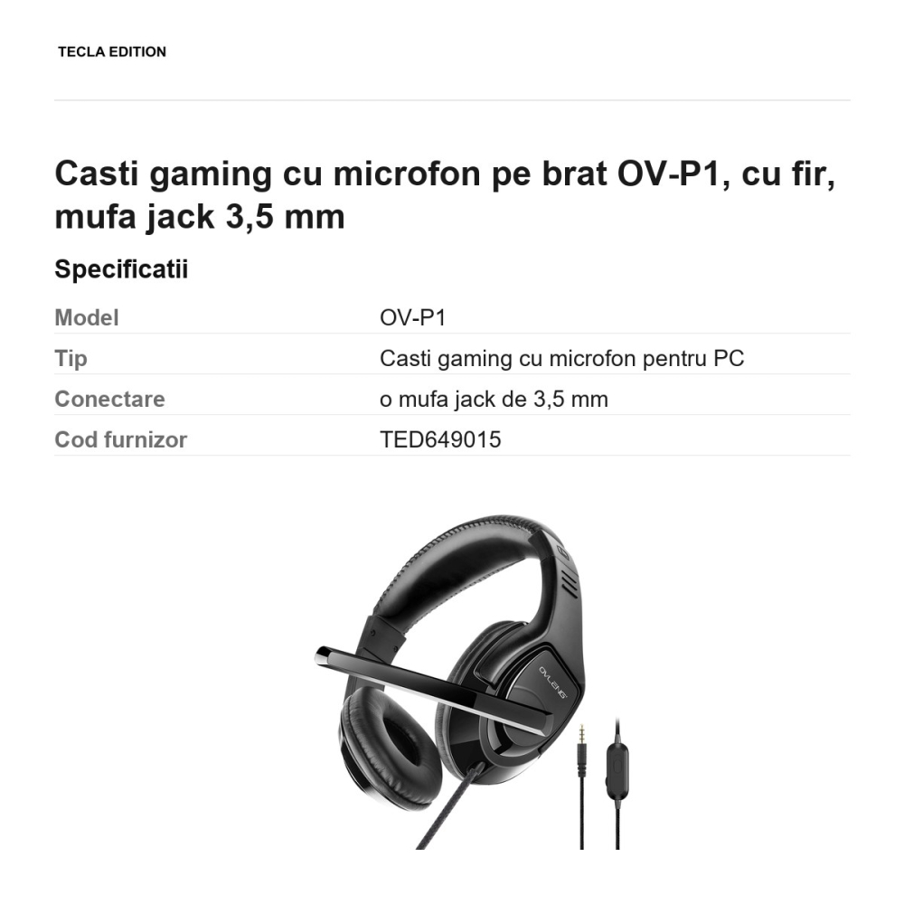 Casti gaming cu microfon pe brat OV-P1, cu fir, mufa jack 3,5 mm [3]
