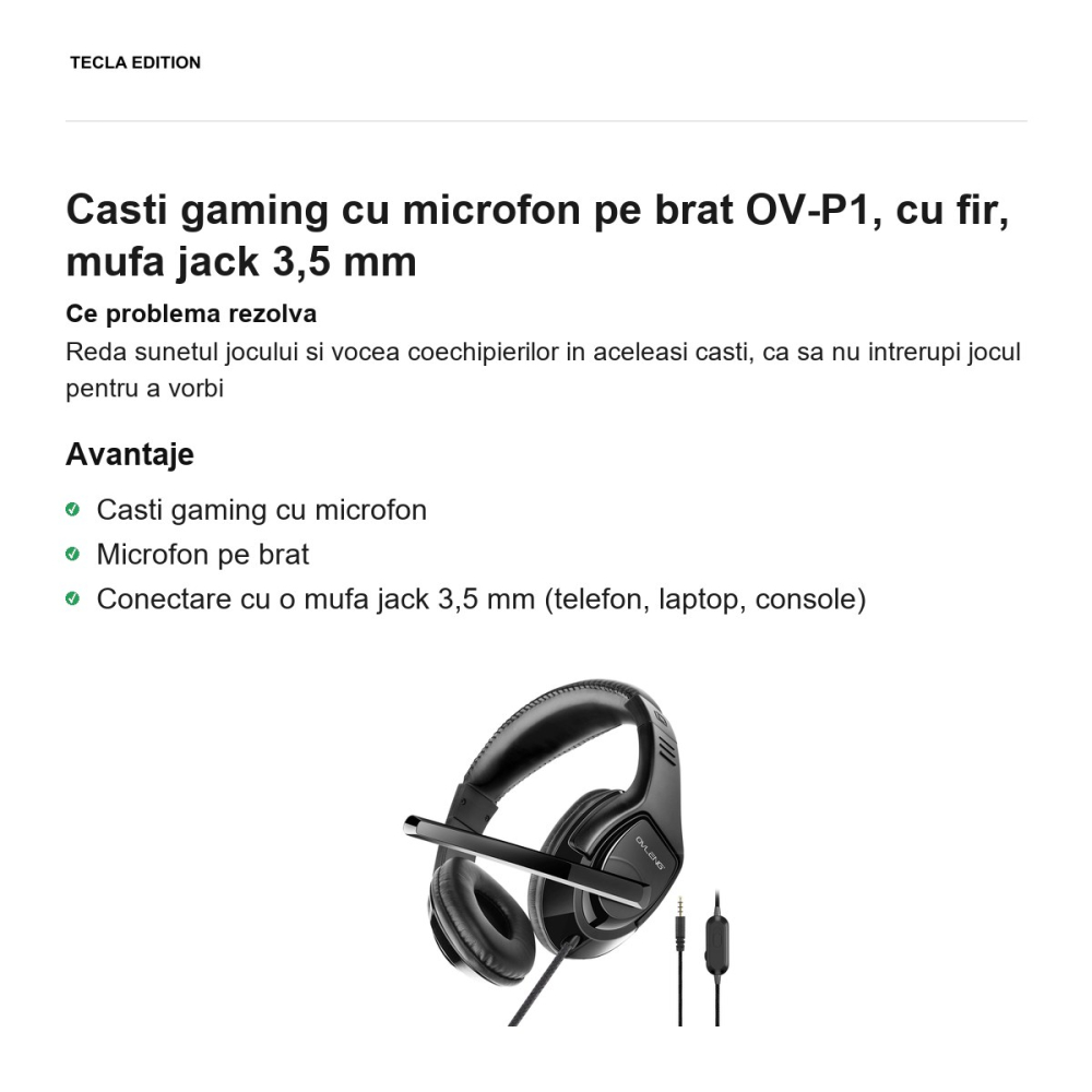 Casti gaming cu microfon pe brat OV-P1, cu fir, mufa jack 3,5 mm [2]