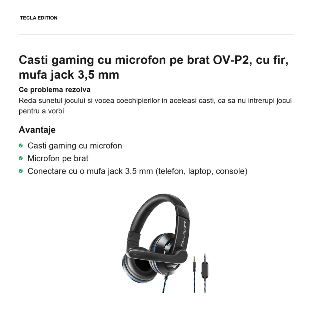 Casti gaming cu microfon pe brat OV-P2, cu fir, mufa jack 3,5 mm [2]
